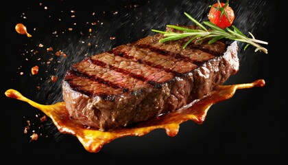 Flying Grilled Steak on Black Background