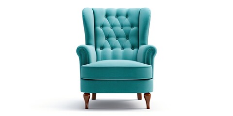 Teal wing chair isolated on white. Modern light blue accent armchair with armrests and wooden feet. Interior furniture. Turquoise sofa set.