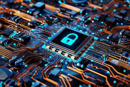 A computer chip with a padlock on it