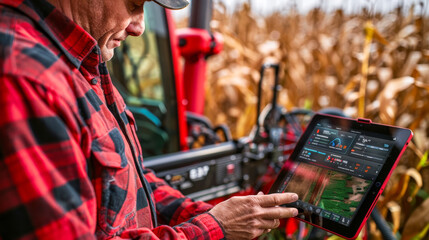 Farmer Using Technology Amongst Harvesting Equipment.
A focused farmer using advanced technology on a tablet with agricultural machinery in the background.