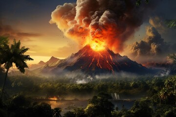 a volcano erupting with smoke and fire - obrazy, fototapety, plakaty