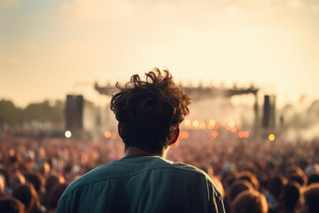 Photorealistic Image of a Crowd from Behind at an Outdoor Venue, Capturing the Thrilling Atmosphere of Live Music Under the Open Sky, Perfect for Festival Posters, Event Promotions, and Music Industry - obrazy, fototapety, plakaty