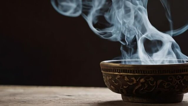 Incense sticks with smoke in a bowl smoke particles coming out spirituality ritual slow motion cinematic video