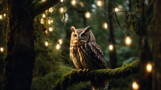Great horned owl sitting on a branch surrounded by glowing laterns cinematic wild green forest motion video