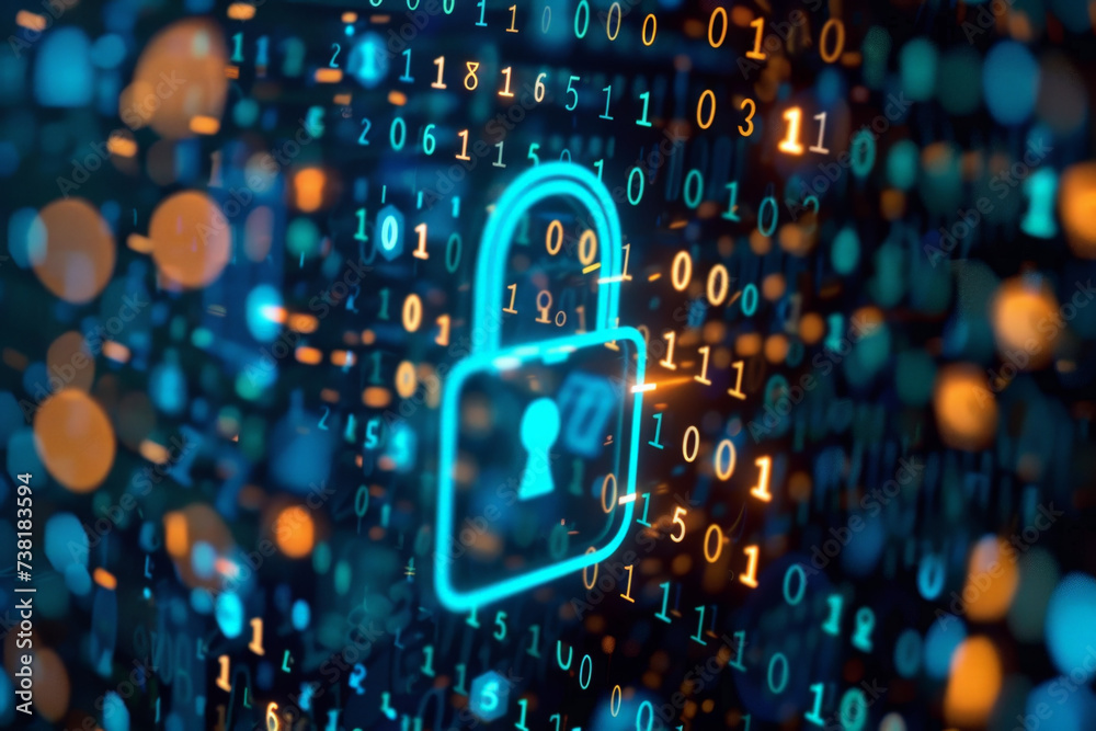 Poster a blue padlock is surrounded by binary code