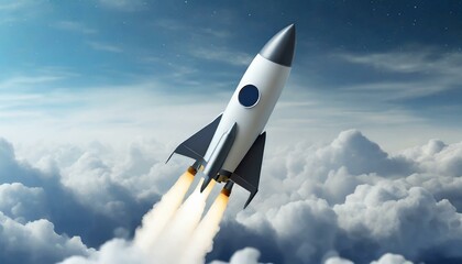 Naklejka na ściany i meble Rocket ship in space around the clouds. Realistic rocket.