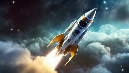 Rocket ship in space around the clouds. Realistic rocket.