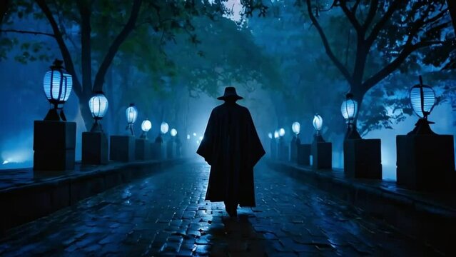 Mysterious person in robes walking at night on a bridge through a road surrounded by glowing laterns and trees slow motion video