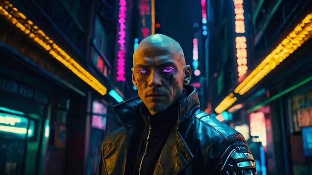 Bald man with purple glowing eyes and leather jacket slow motion cyber futuristic scene in a neon city filled with glowing lights and signs video
