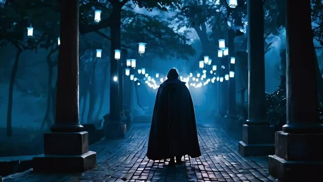 Mysterious person in robes walking at night through a path surrounded by glowing laterns and trees slow motion video