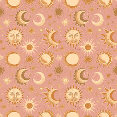 Magic seamless pattern with sun, moons and stars. Gold and pink decorative ornament