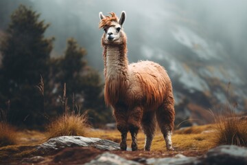 Fototapeta premium Closeup of a llama in a valley