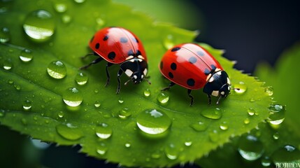 Natural background from rainy season. Three ladybugs with umbrella walking on the grass