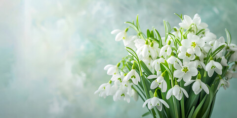Bouquet of snowdrops on a light blurred background. The arrival of spring. Banner with copy space.