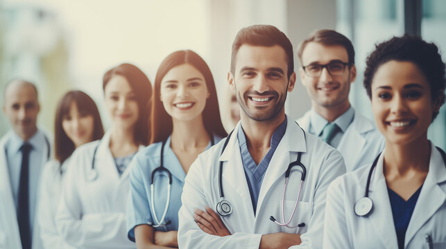 Photorealistic Image of a Group of Smiling Medical Professionals, Rendered in Cool Tones, Exuding a Warm Atmosphere Despite the Chill, Perfect for Healthcare Marketing and Medical Publications