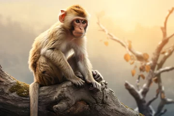 Fotobehang Closeup of a macaque monkey sitting on a tree © Tarun