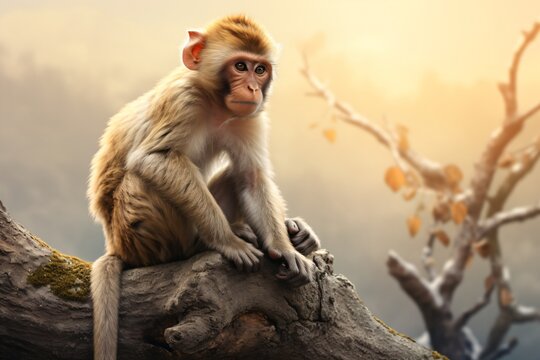 Closeup of a macaque monkey sitting on a tree