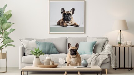 Stylish scandinavian living room interior of modern apartment with mint sofa, design coffee table, furnitures, plants and elegant accessories. Beautiful dog lying on the couch. Home decor. Template - obrazy, fototapety, plakaty