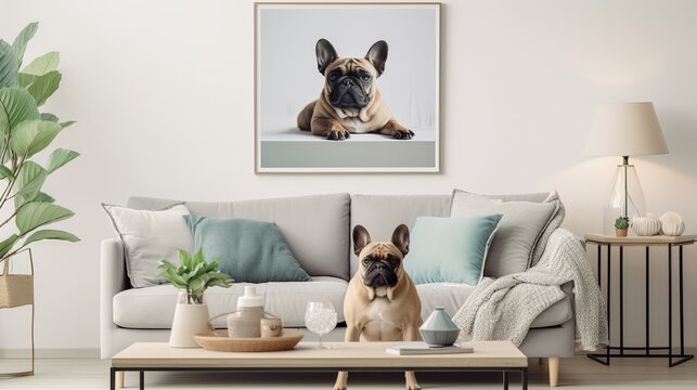 Stylish scandinavian living room interior of modern apartment with mint sofa, design coffee table, furnitures, plants and elegant accessories. Beautiful dog lying on the couch. Home decor. Template