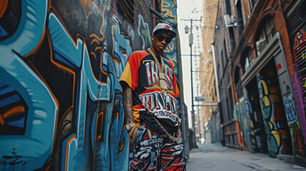 A the colorful urban artwork and flashing neon lights of a downtown alleyway a figure stands out in baggy jogger pants a baseball jersey and a snapback cap. Heavy gold chains