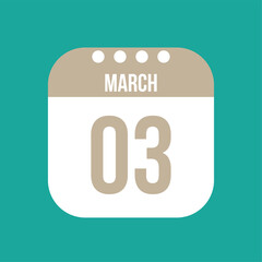 3 March calendar vector icon. White March date for the days of the month and the week on a light background