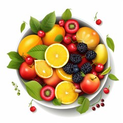 bowl of seasonal fruits fresh on a white background top view