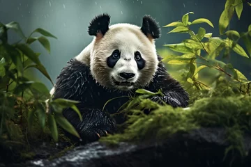 Muurstickers A cute panda in a forest or garden sitting and relaxing © Tarun