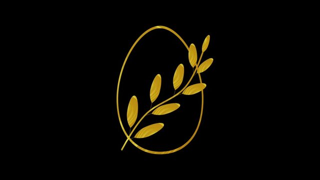 Line animation of golden Easter eggs with shiny golden branches on a black and green background. Subdued Christian holiday animation. Easter eggs. Banner. Looped animation.