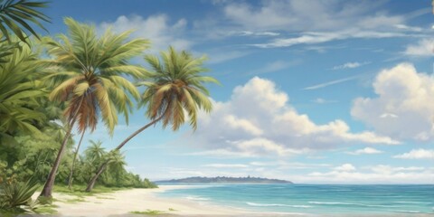 Fototapeta na wymiar Panoramic view of a tropical beach with palm leaves