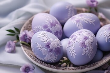 Painted purple Easter eggs and spring flowers. Easter holiday background. Stylish decorative card