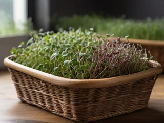 Freshly microgreens arranged in a basket, highlighting their freshness and crispness