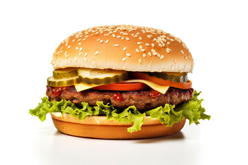 Hamburger isolated on clean white background. Fresh tasty hamburger with cutlet, cheese, lettuce, tomato, cucumber on white