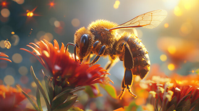 Macro photograph of a bee, collecting pollen from a colorful flower