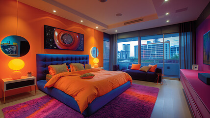 Contemporary bedroom with neon underglow, creating cool and edgy aesthetic