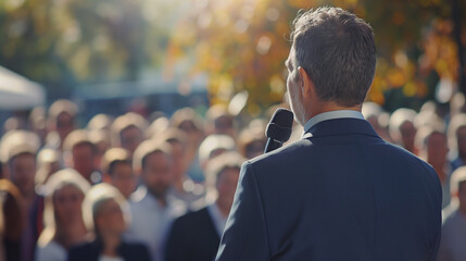 Man - Politician makes a speech into a microphone on a holder, turning his back to the camera lens, in front of a crowd of political party members - obrazy, fototapety, plakaty