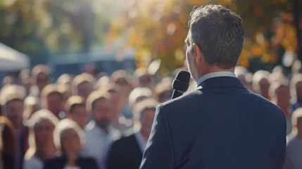 Foto op Aluminium Man - Politician makes a speech into a microphone on a holder, turning his back to the camera lens, in front of a crowd of political party members © GeorgeAI