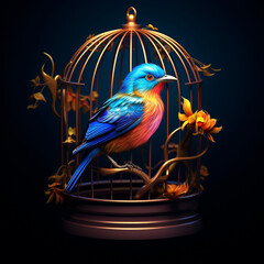 Detailed and realistic image of a bird perched on its cage created with Generative Ai