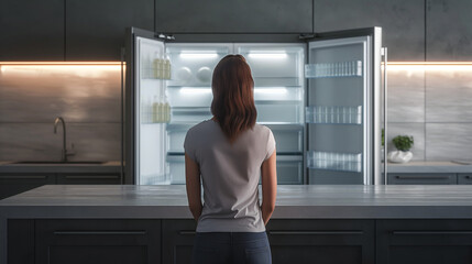 Fototapeta na wymiar Woman stands with her back to the camera lens in front of an open and completely empty refrigerator in the kitchen