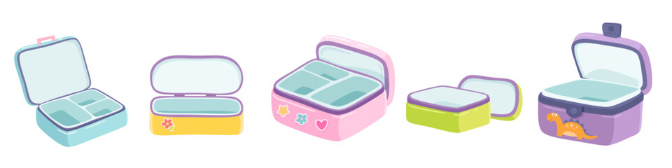 Empty open color lunchbox set vector illustration. School or office food containers. Breakfast, lunch, dinner boxes for kids or students. Bento. Homemade nutrition. Healthy food concept