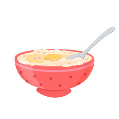Oatmeal bowl with butter and spoon. Cereal porridge for breakfast. Oat food. Natural product. Healthy food concept. Cartoon vector illustration