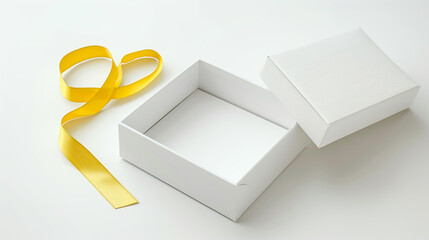 Une boîte blanche, agrémentée d'un ruban doré, incarne l'élégance et le raffinement. Ce paquet cadeau, fermé ou ouvert, symbolise l'attente joyeuse et l'excitation du déballage avec son ruban en or. - obrazy, fototapety, plakaty
