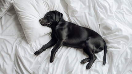 Black dog sleeps soundly on a snow-white bed and on a pillow. View from above