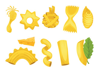 Doodle pasta symbols. Cute Italian wheat food. Pasta noodles character design. Menu decorative elements. Vector meal set