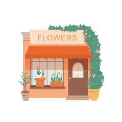 Storefront of flower shop building in city street cartoon vector illustration. Exterior front facade of garden store. Cute small florist boutique in neighborhood