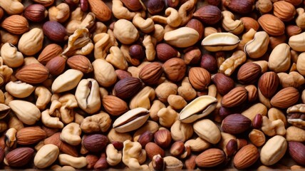 A background texture made from a blend of whole and chopped mixed nuts