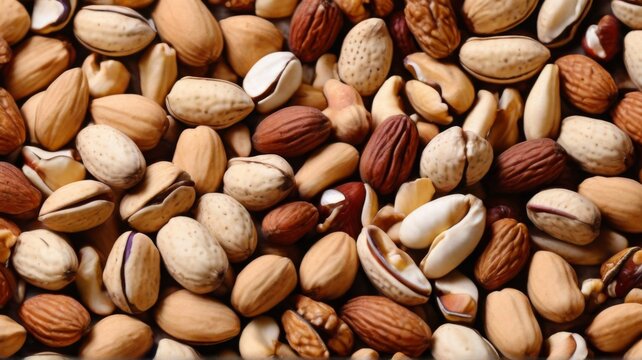 A background texture made from a blend of whole and chopped mixed nuts