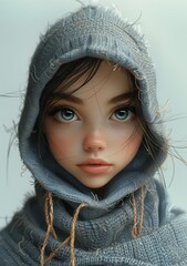 doll hood scarf face symmetry princess magical realist warrior girl personify teenage