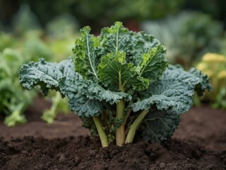 Ripe Kale growing in soil in garden