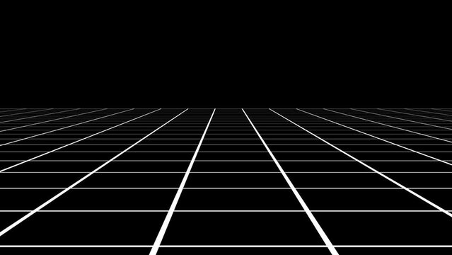 Perspective wireframe side scrolling grid simple black and white. Seamless loop. 