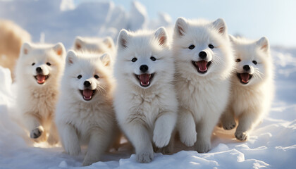 Cute puppy playing in snow, surrounded by fluffy white friends generated by AI - obrazy, fototapety, plakaty